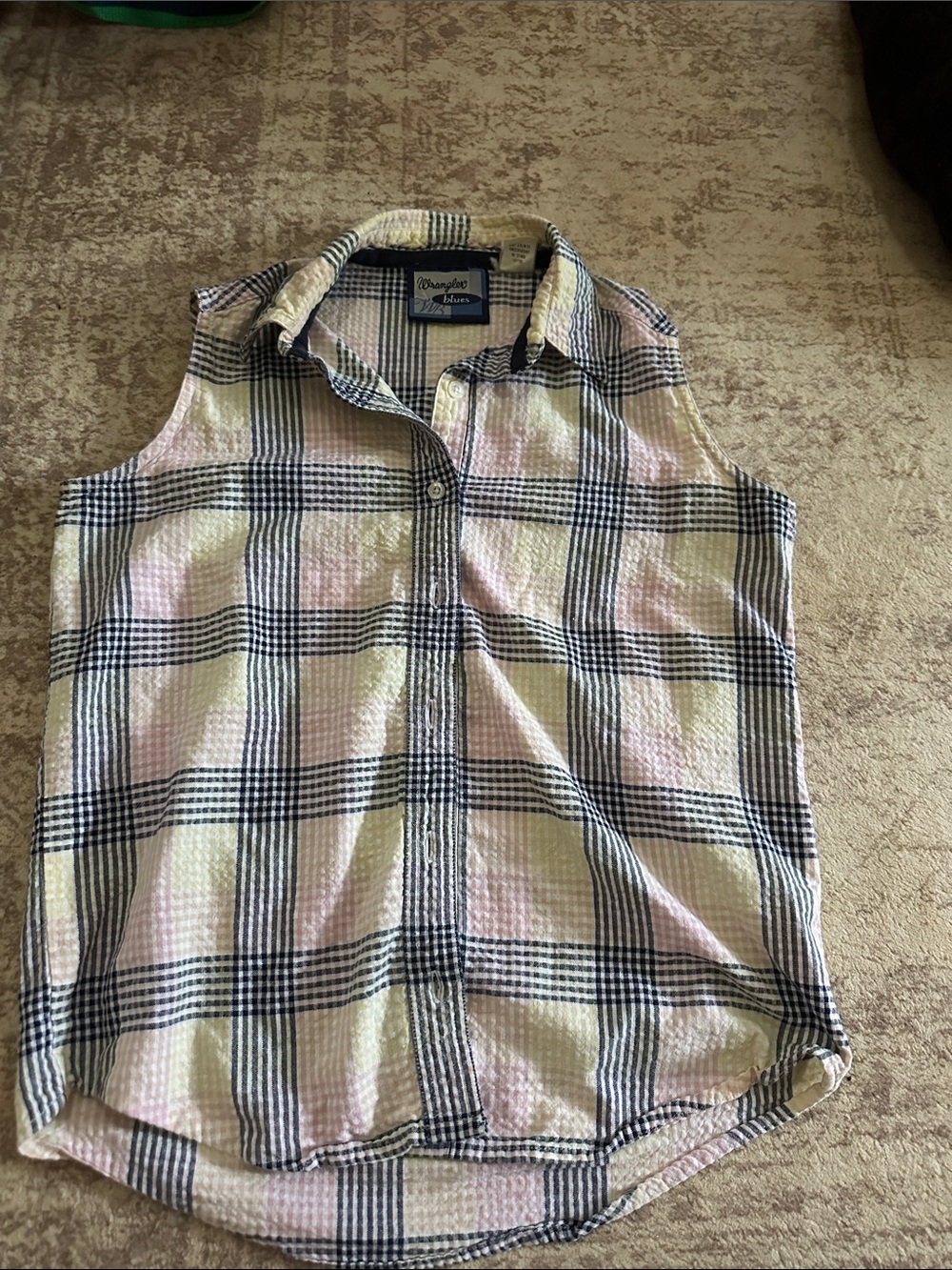 Wrangler Blues Pastel Plaid Sleeveless Button Down Shirt High Low Hem